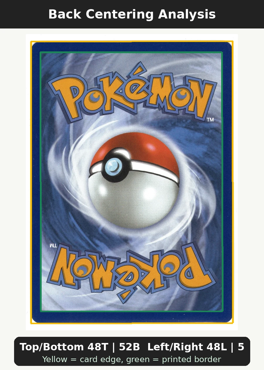 Squirtle 039 MEP Black Star Promos back centering analysis showing Top/Bottom 48T | 52B and Left/Right 48L | 52R.