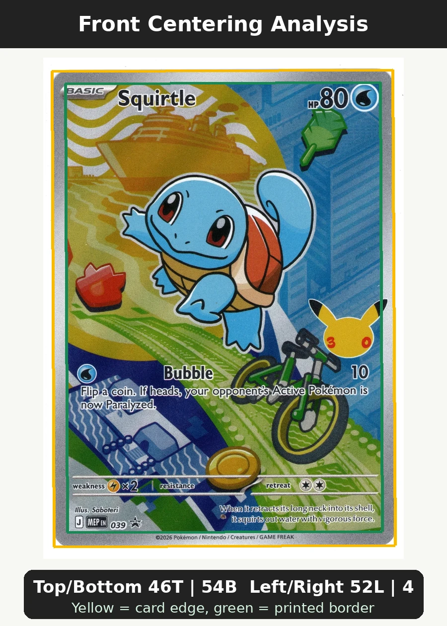 Squirtle 039 MEP Black Star Promos front centering analysis showing Top/Bottom 46T | 54B and Left/Right 52L | 48R.