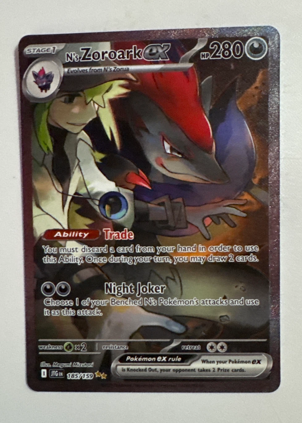 N's Zoroark ex 185/159 Journey Together front card photo in PokeToGrade pregrading report