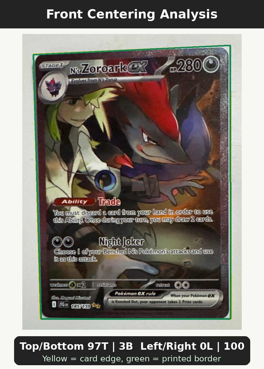 N's Zoroark ex 185/159 Journey Together front centering analysis showing Top/Bottom 97T | 3B and Left/Right 0L | 100R.