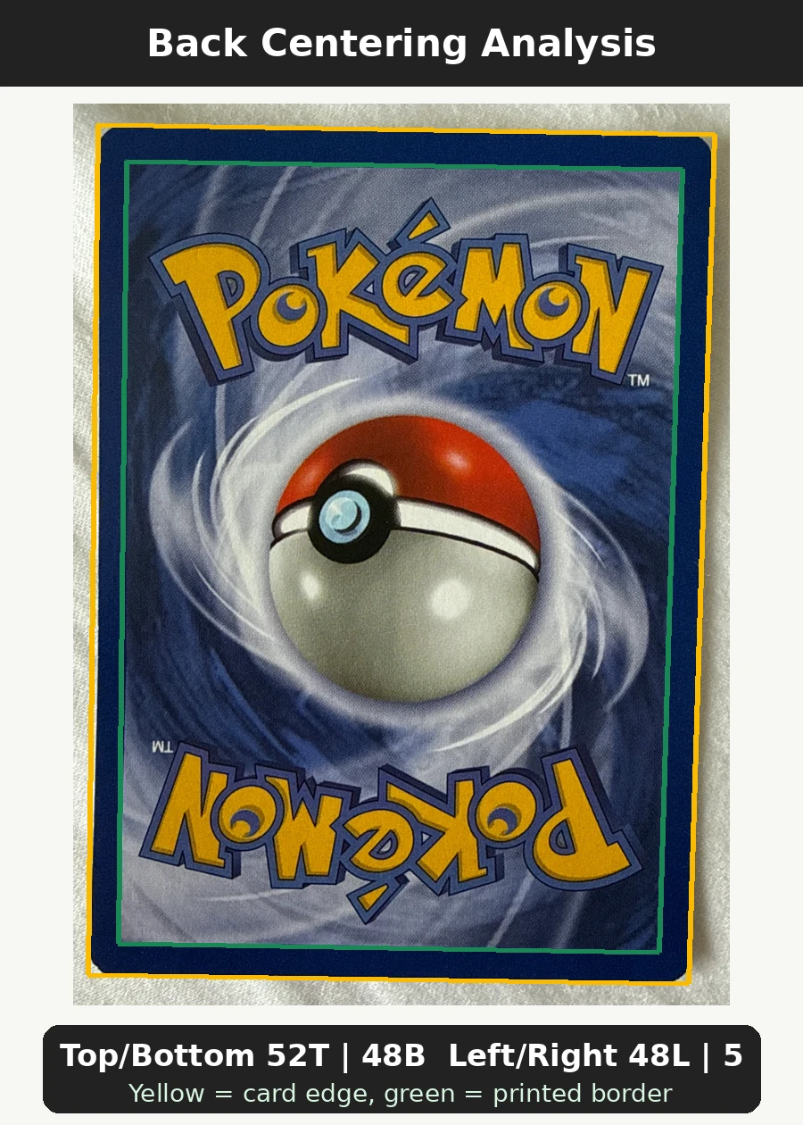 Mewtwo 014/53 Wizards Black Star Promos back centering analysis showing Top/Bottom 52T | 48B and Left/Right 48L | 52R.