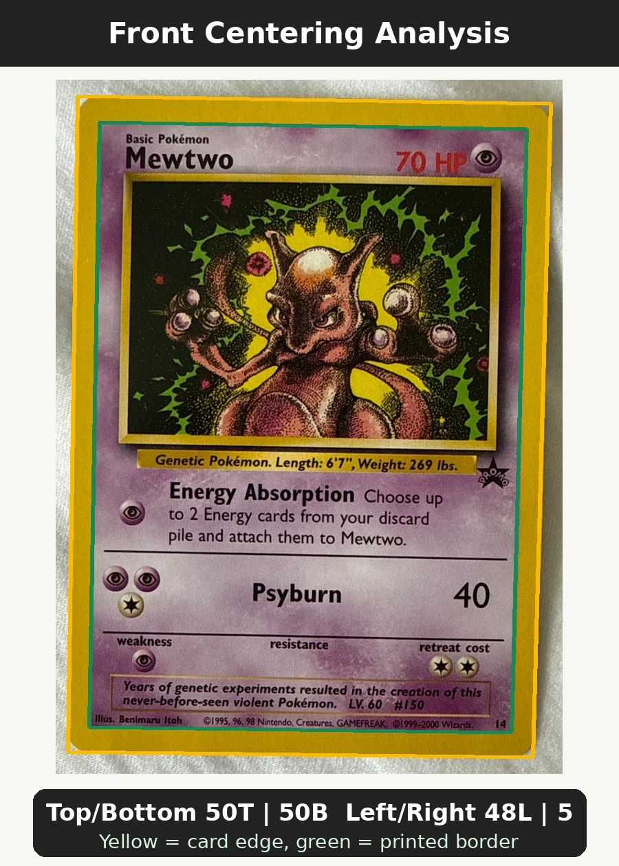 Mewtwo 014/53 Wizards Black Star Promos front centering analysis showing Top/Bottom 50T | 50B and Left/Right 48L | 52R.