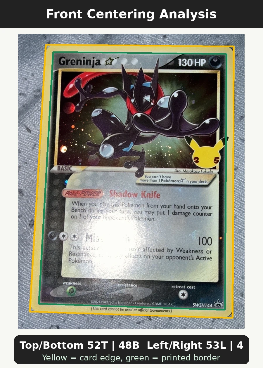 Greninja {star} SWSH144/307 SWSH Black Star Promos front centering analysis showing Top/Bottom 52T | 48B and Left/Right 53L | 47R.