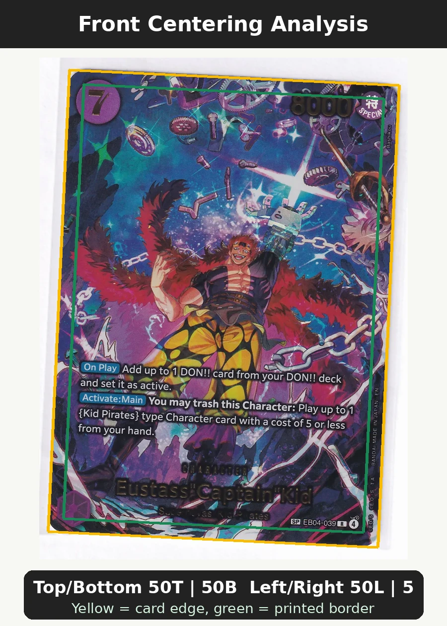 Eustass"Captain"Kid (EB04-039) EB04-039 The Azure Sea's Seven front centering analysis showing Top/Bottom 50T | 50B and Left/Right 50L | 50R.