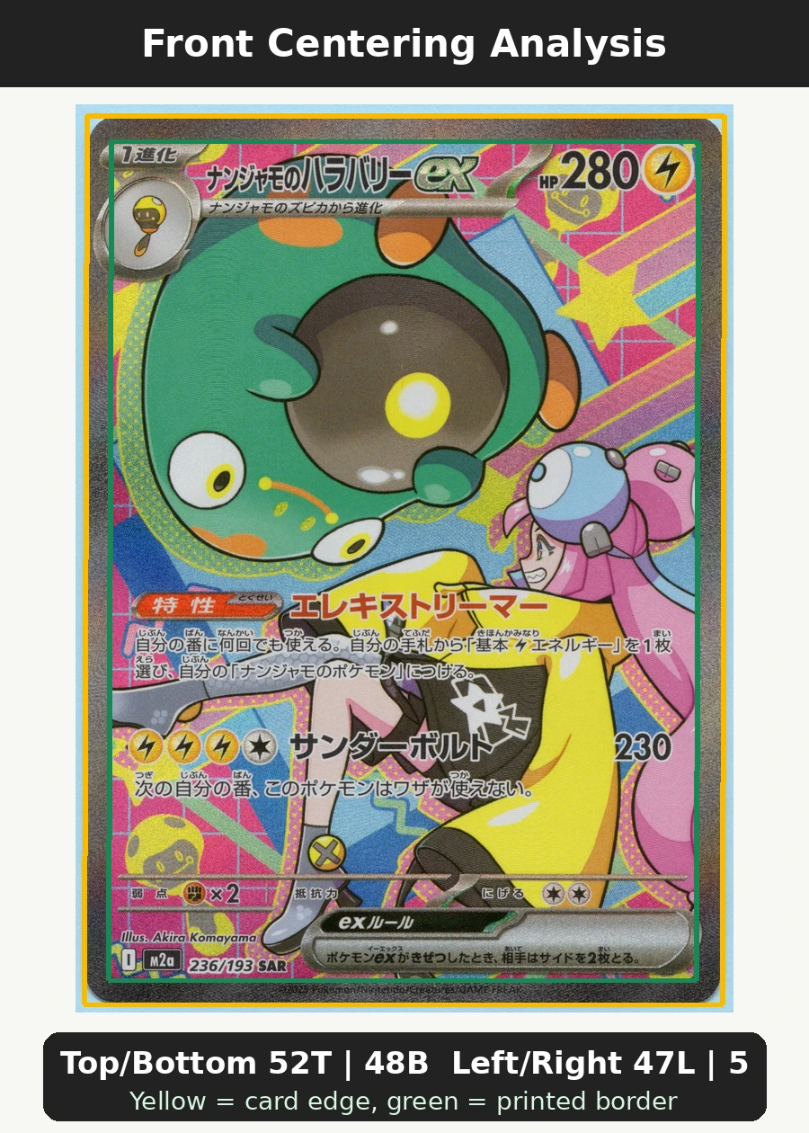 Iono's Bellibolt ex 279/217 Ascended Heroes front centering analysis showing Top/Bottom 52T | 48B and Left/Right 47L | 53R.