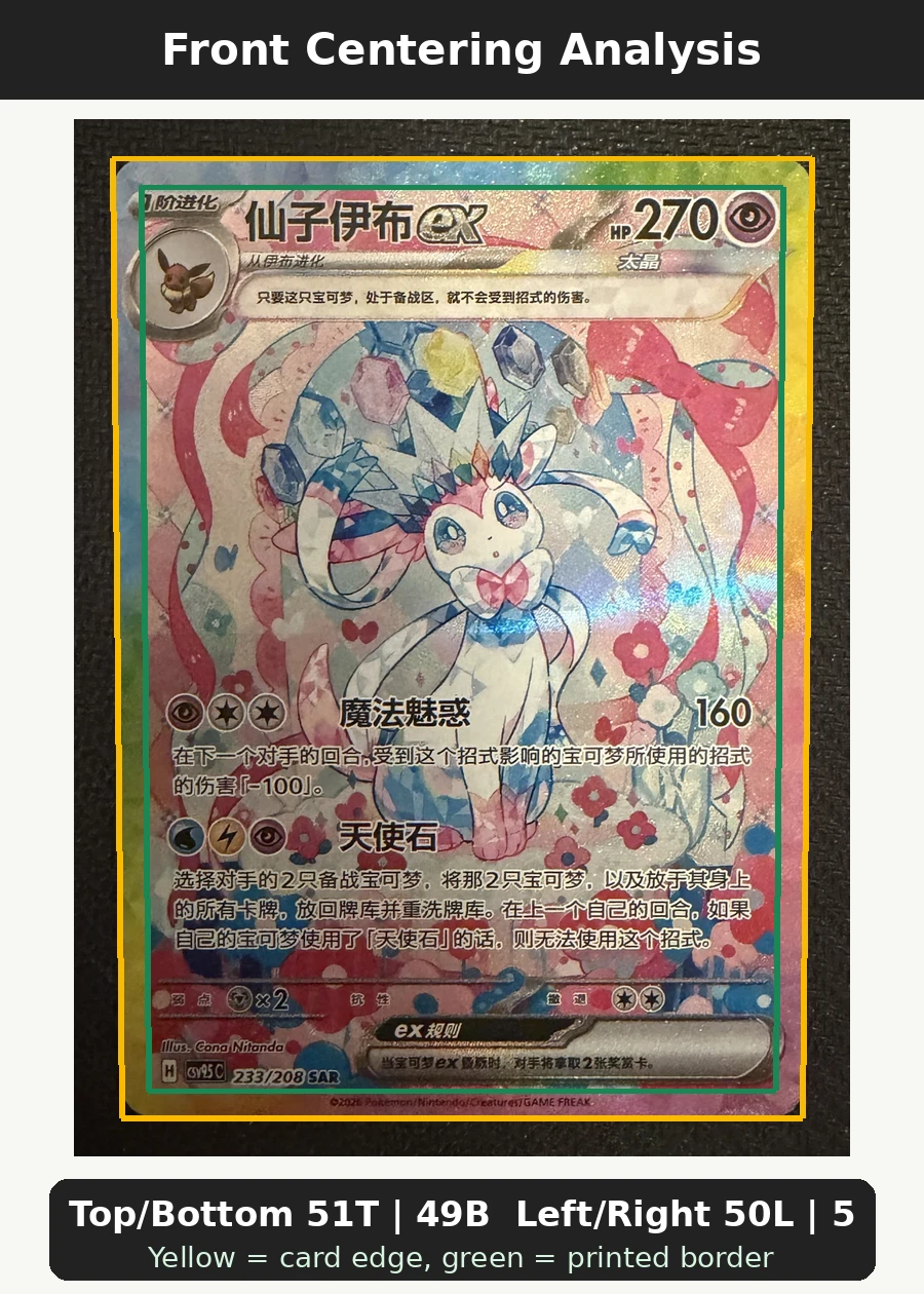 Sylveon ex 212/187 Terastal Festival ex front centering analysis showing Top/Bottom 51T | 49B and Left/Right 50L | 50R.