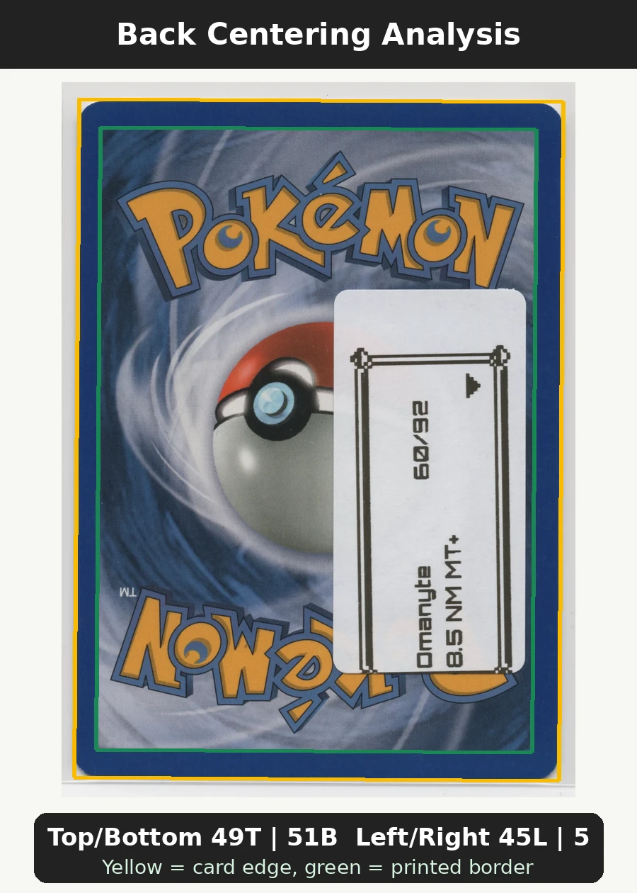 Omanyte 060/92 (Reverse Holo) Legend Maker back centering analysis showing Top/Bottom 49T | 51B and Left/Right 45L | 55R.