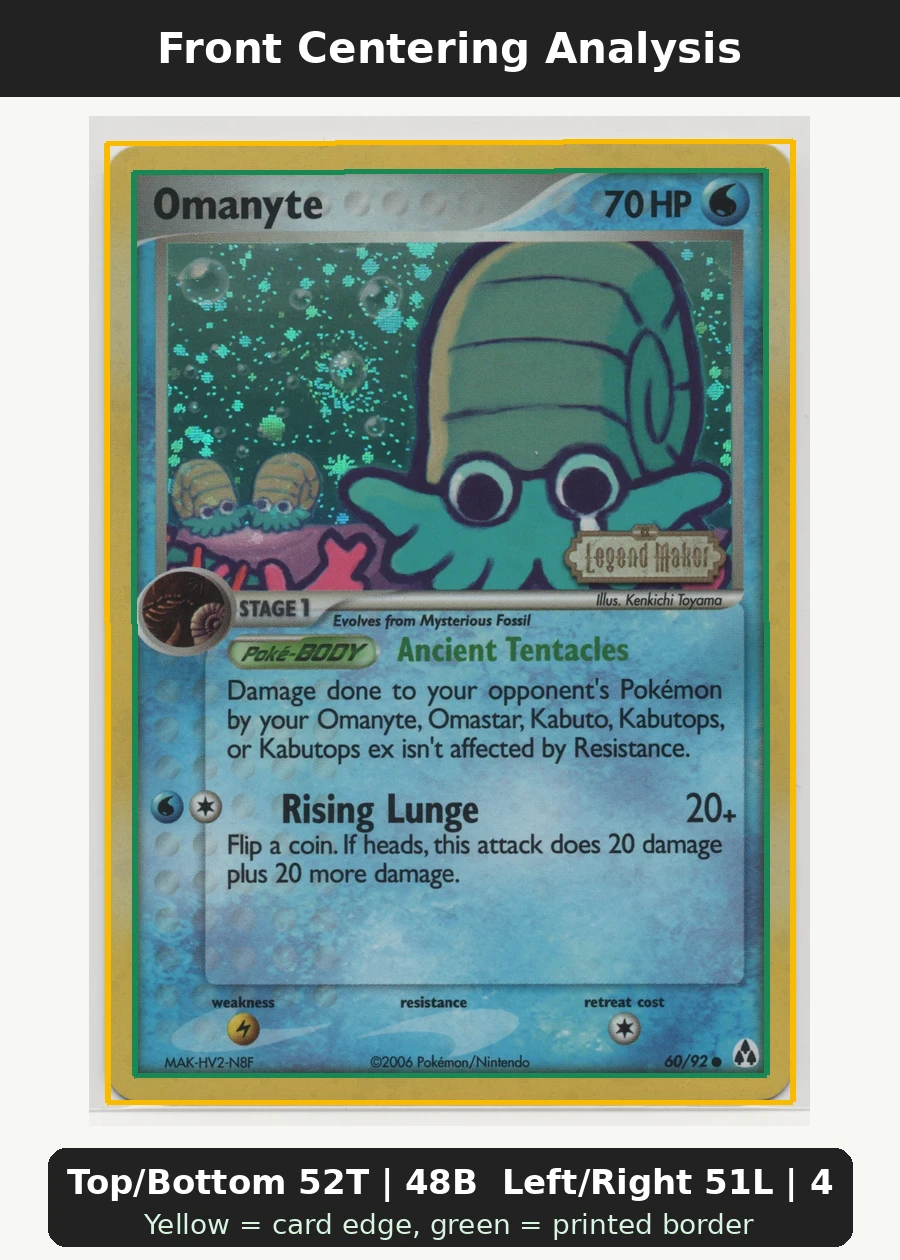 Omanyte 060/92 (Reverse Holo) Legend Maker front centering analysis showing Top/Bottom 52T | 48B and Left/Right 51L | 49R.