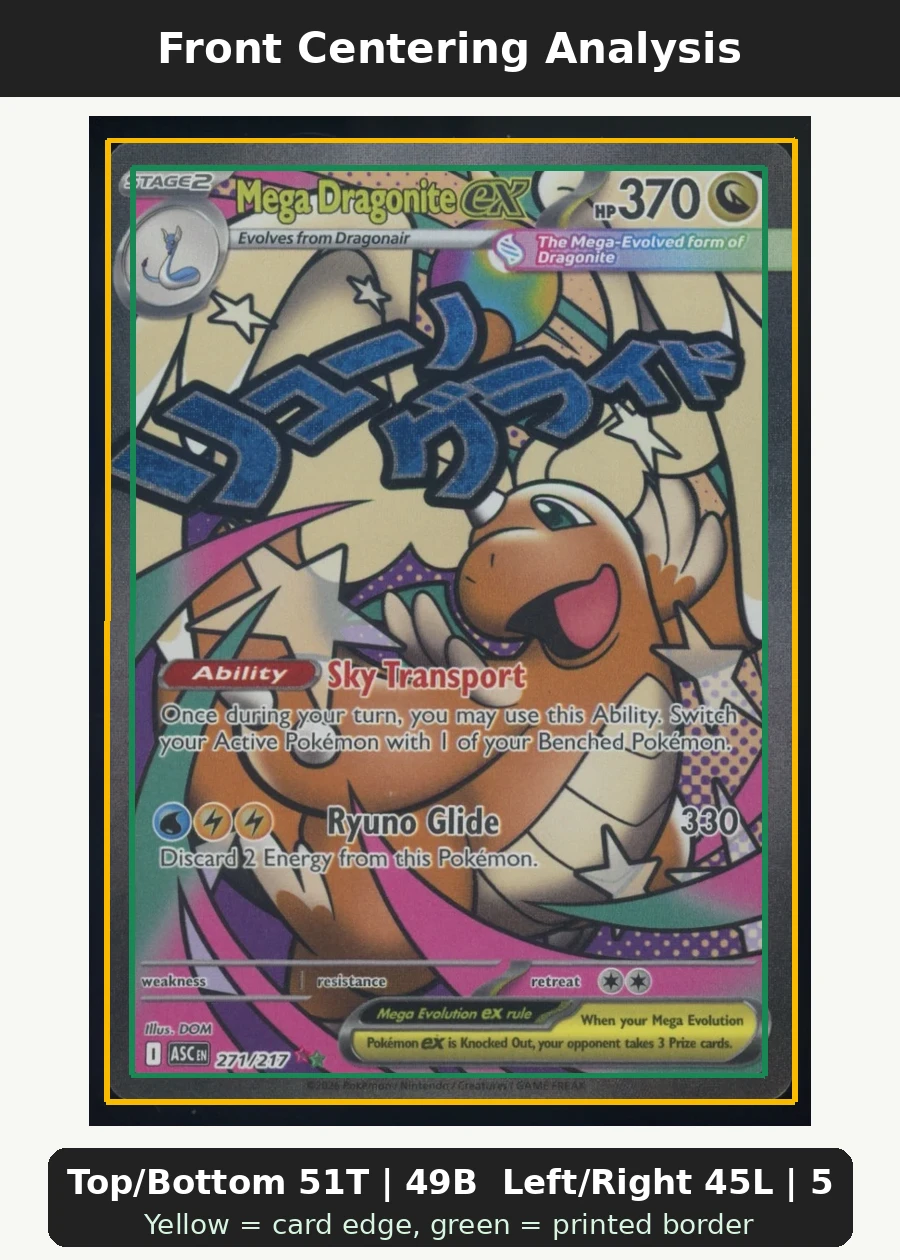 Mega Dragonite ex 271/217 Ascended Heroes front centering analysis showing Top/Bottom 51T | 49B and Left/Right 45L | 55R.