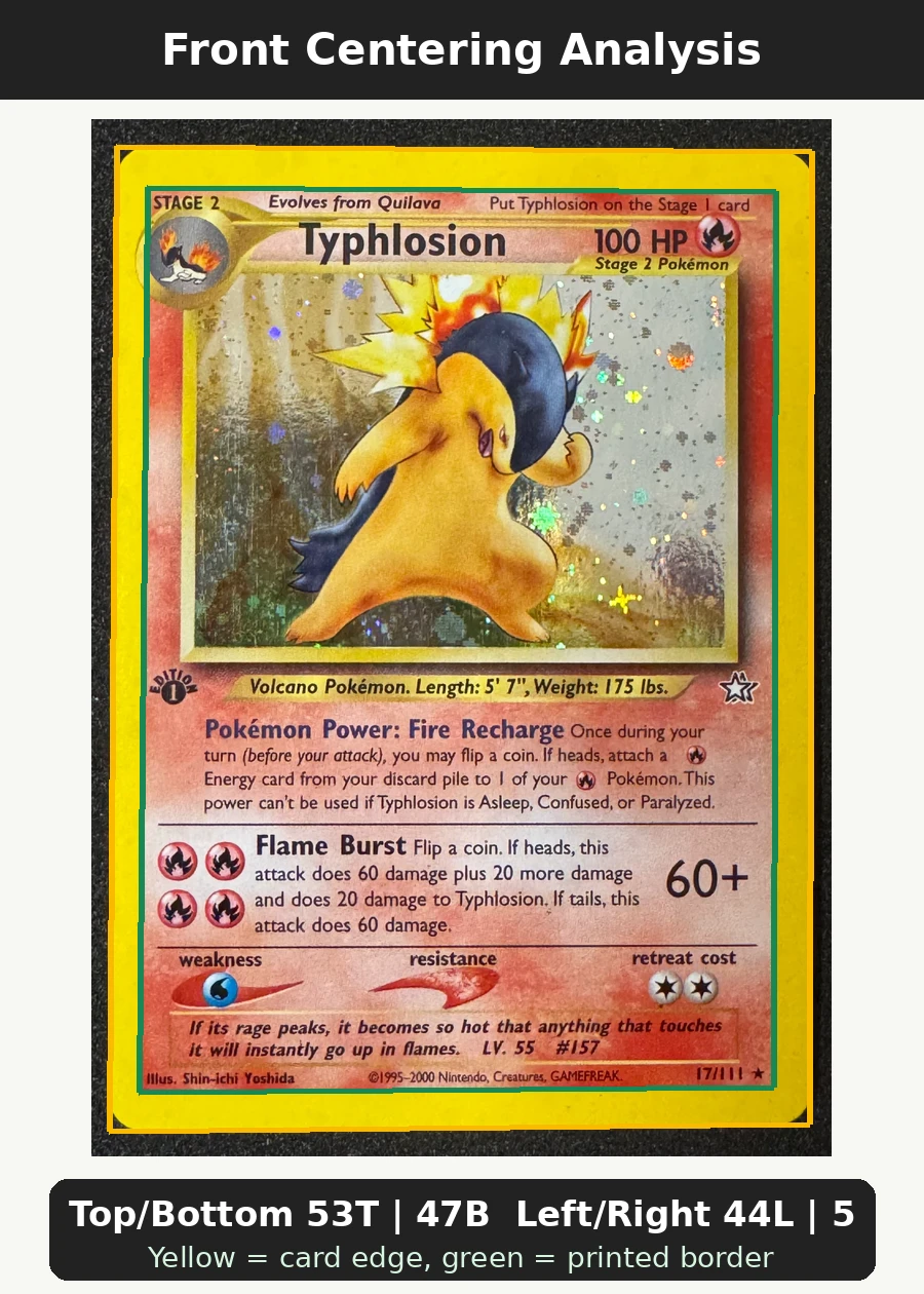 Typhlosion 017/111 Neo Genesis front centering analysis showing Top/Bottom 53T | 47B and Left/Right 44L | 56R.
