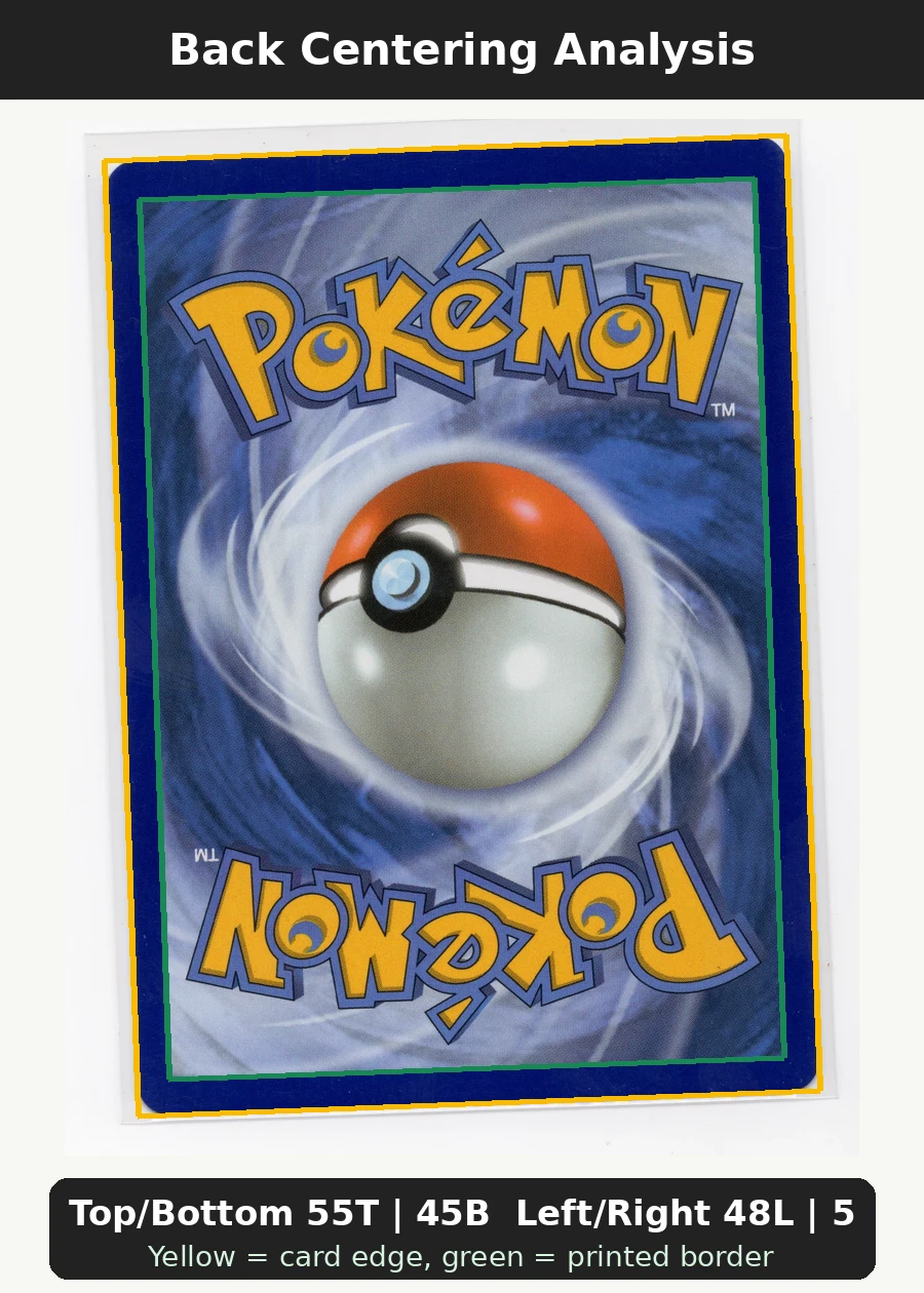 Mega Gardevoir ex 032 MEP Black Star Promos back centering analysis showing Top/Bottom 55T | 45B and Left/Right 48L | 52R.