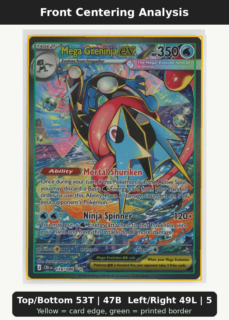 Mega Greninja ex 116/86 Chaos Rising front centering analysis showing Top/Bottom 53T | 47B and Left/Right 49L | 51R.