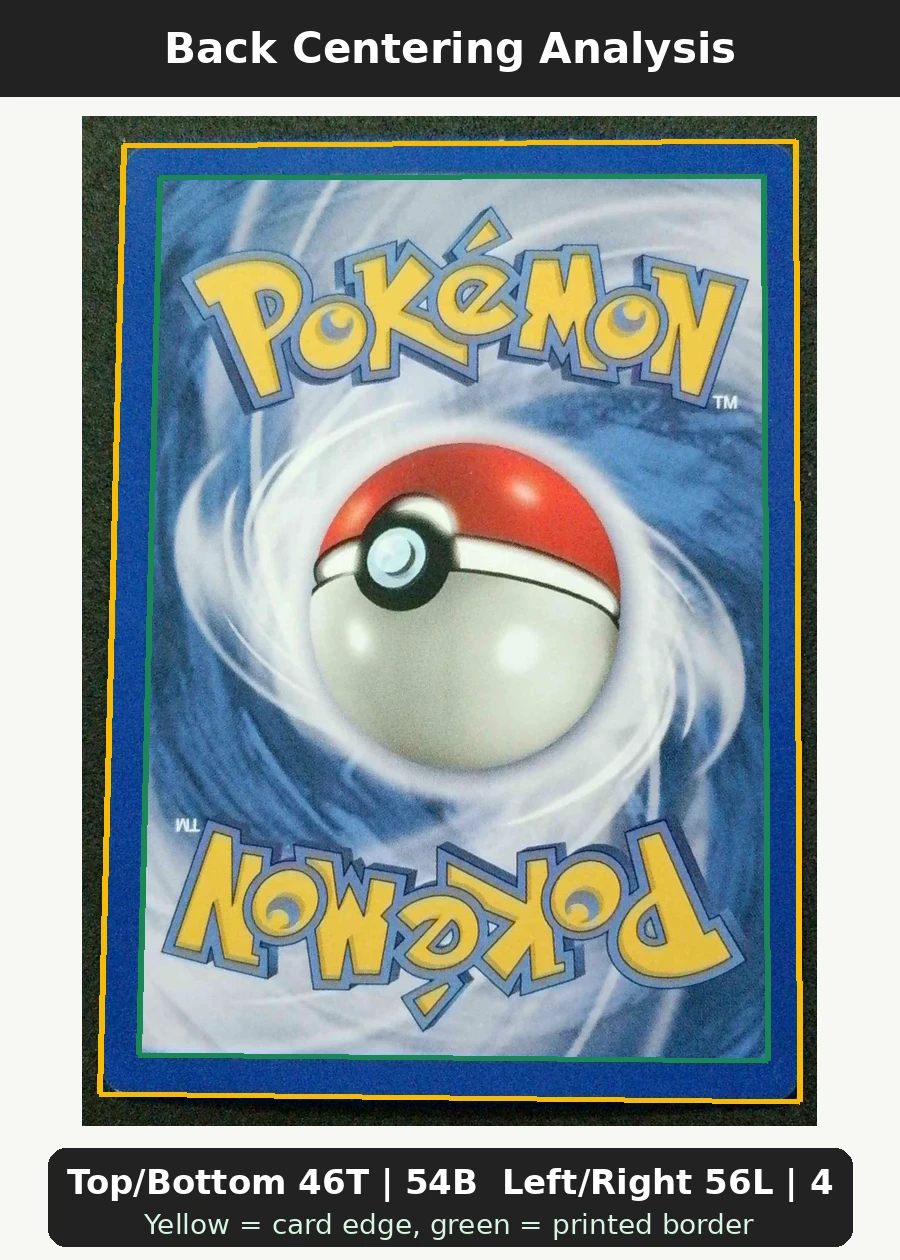 Charizard 004/102 · Holo Base Set back centering analysis showing Top/Bottom 46T | 54B and Left/Right 56L | 44R.