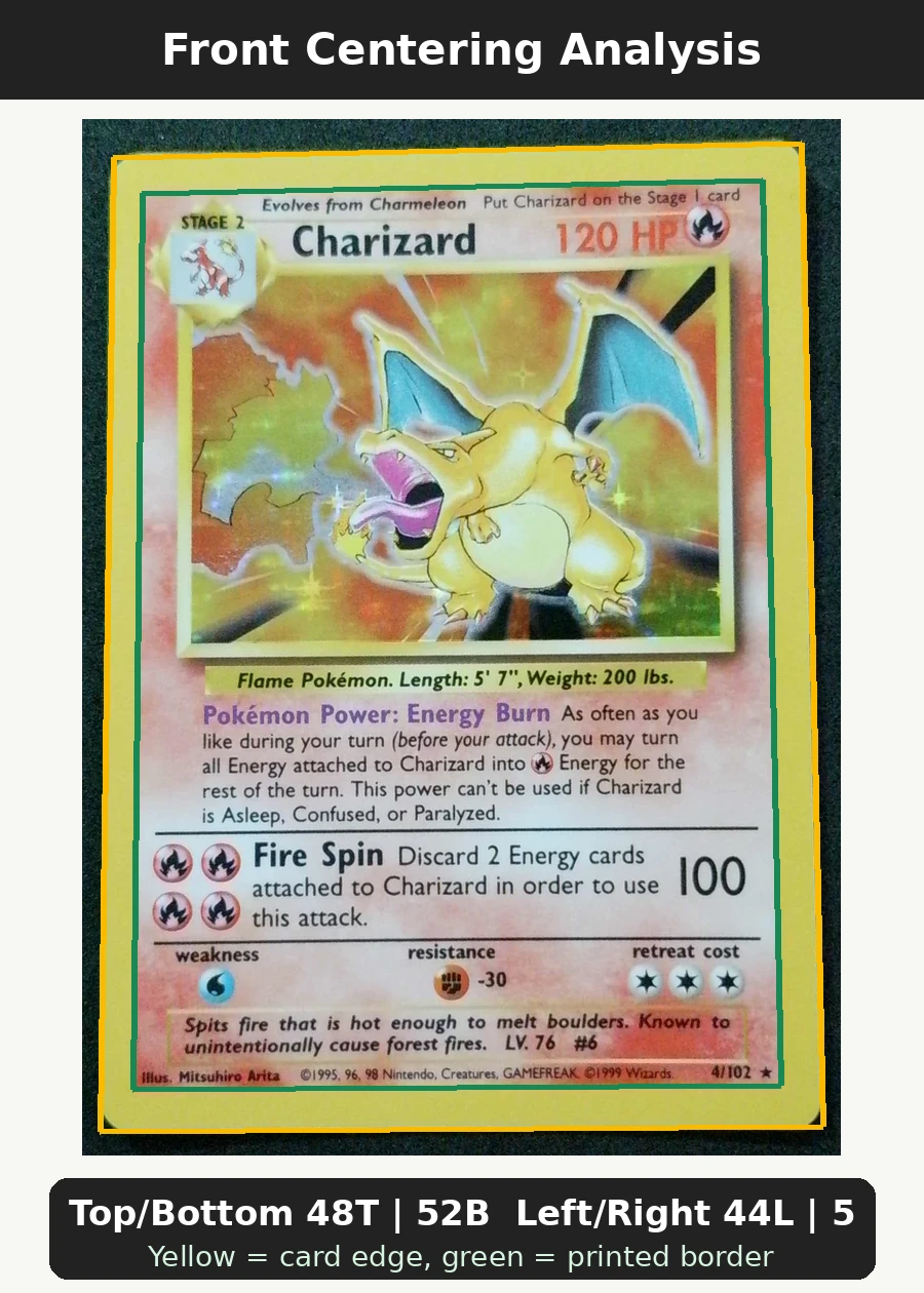Charizard 004/102 · Holo Base Set front centering analysis showing Top/Bottom 48T | 52B and Left/Right 44L | 56R.