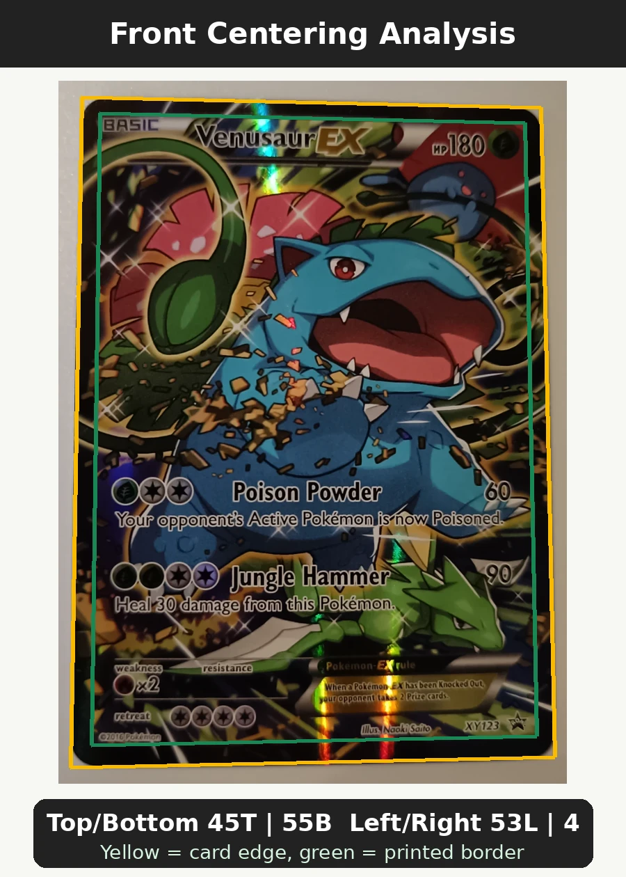 Venusaur EX XY123/211 XY Black Star Promos front centering analysis showing Top/Bottom 45T | 55B and Left/Right 53L | 47R.