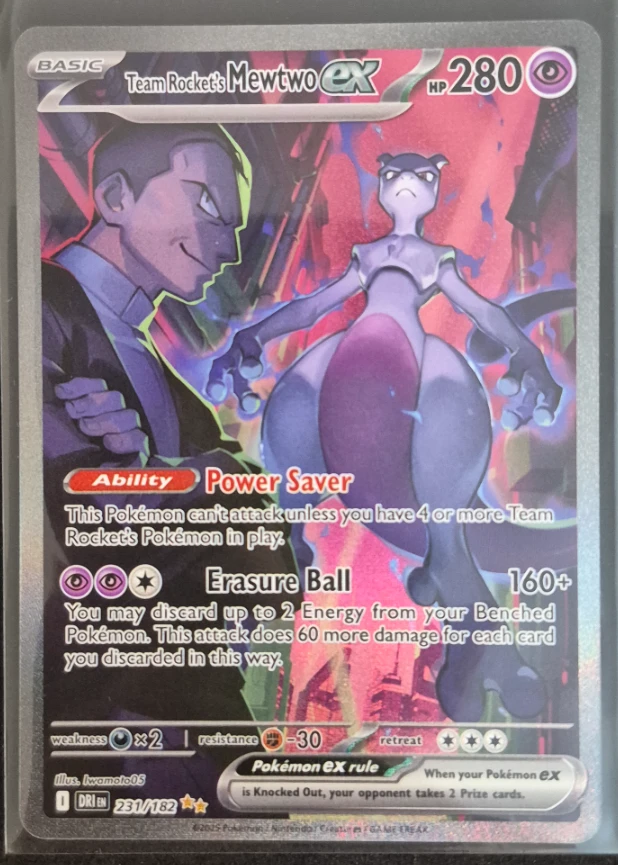 Team Rocket's Mewtwo ex 231/182 Destined Rivals front card photo in PokeToGrade pregrading report