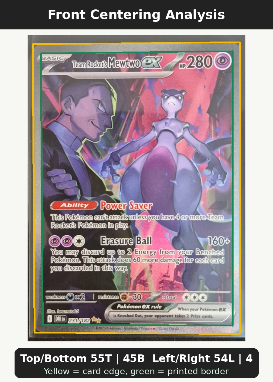 Team Rocket's Mewtwo ex 231/182 Destined Rivals front centering analysis showing Top/Bottom 55T | 45B and Left/Right 54L | 46R.