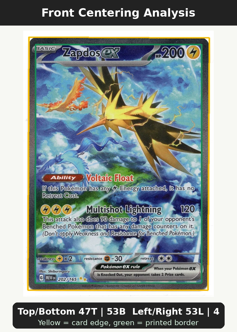 Zapdos ex 202/165 151 front centering analysis showing Top/Bottom 47T | 53B and Left/Right 53L | 47R.