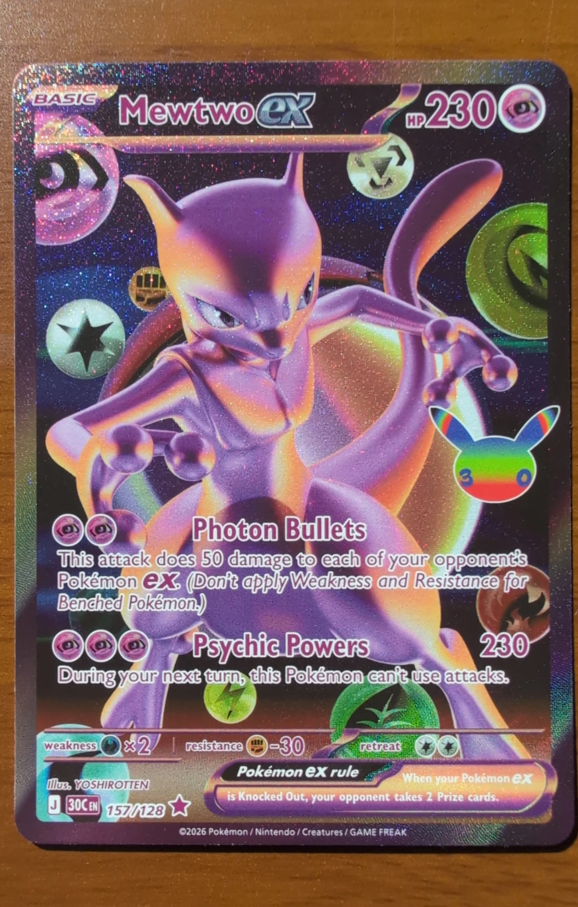 Mewtwo ex 157/128 30th Celebration front card photo in PokeToGrade pregrading report