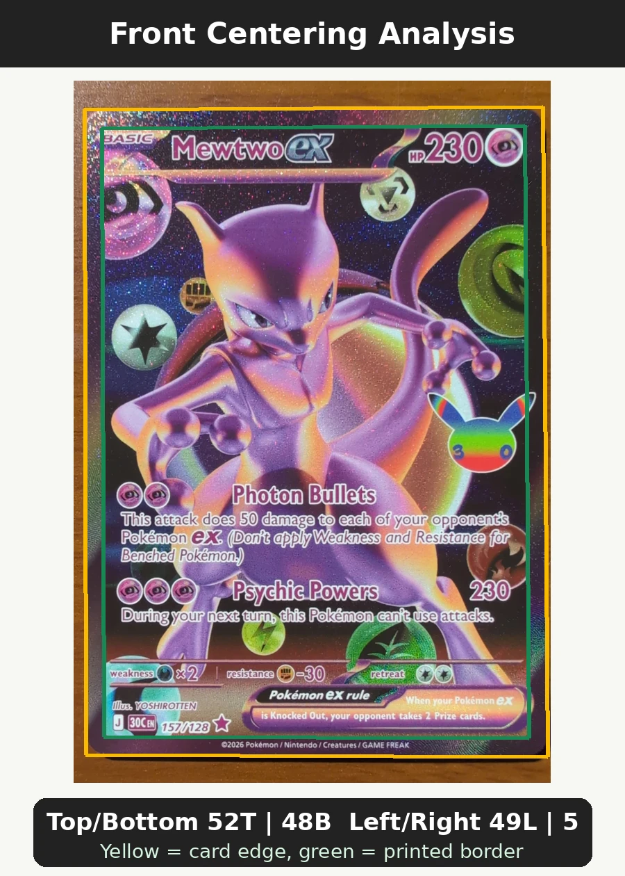 Mewtwo ex 157/128 30th Celebration front centering analysis showing Top/Bottom 52T | 48B and Left/Right 49L | 51R.