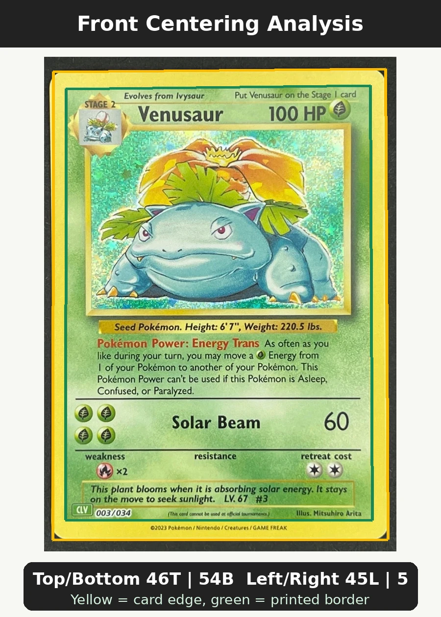 Venusaur 15A/25 Celebrations front centering analysis showing Top/Bottom 46T | 54B and Left/Right 45L | 55R.