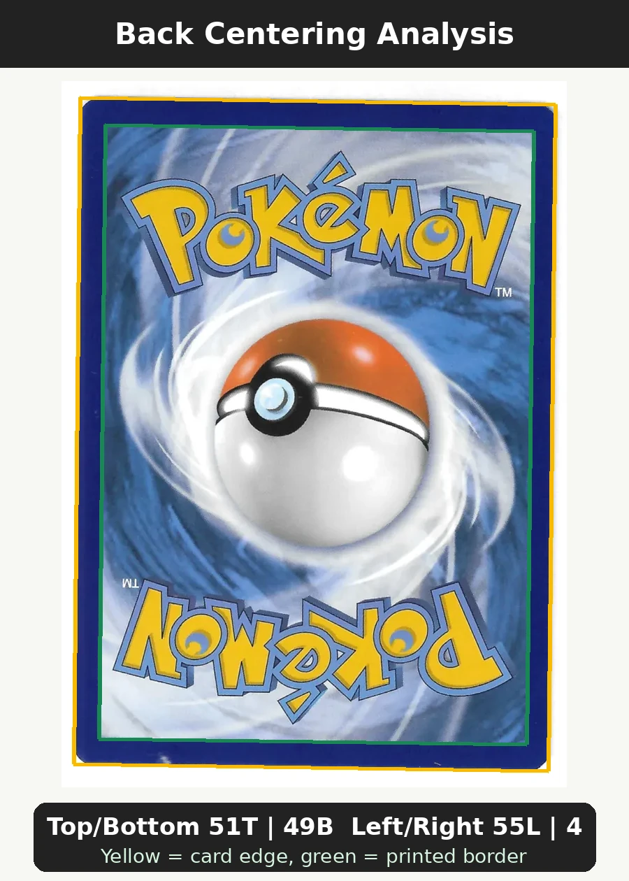 Pikachu 005/25 Celebrations back centering analysis showing Top/Bottom 51T | 49B and Left/Right 55L | 45R.