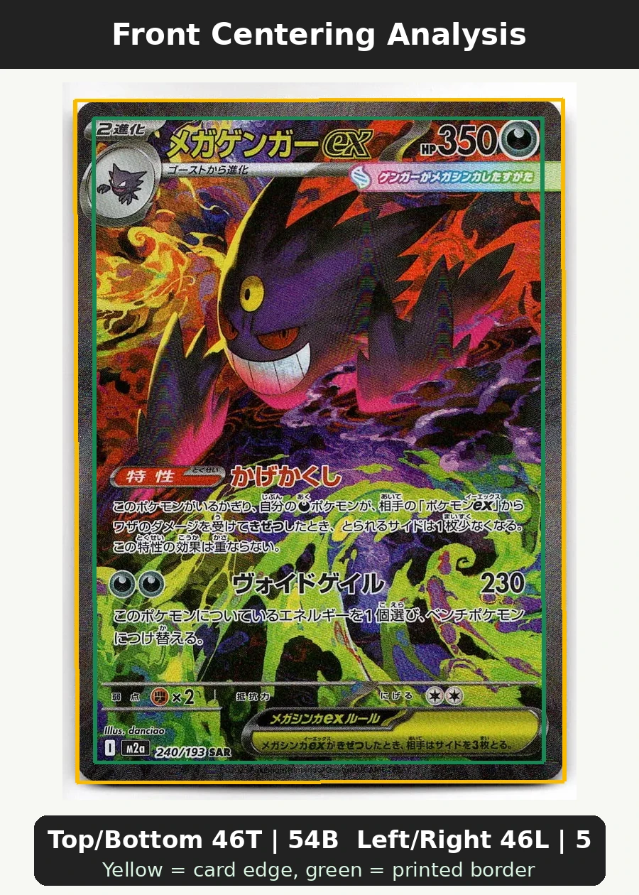 Mega Gengar ex 269/217 Ascended Heroes front centering analysis showing Top/Bottom 46T | 54B and Left/Right 46L | 54R.