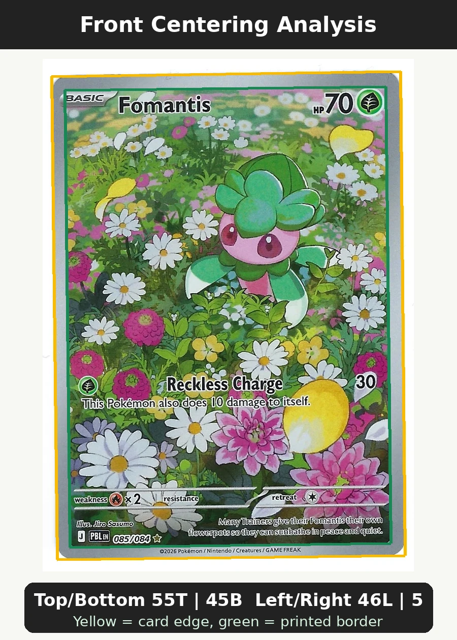 Fomantis 085/84 Pitch Black front centering analysis showing Top/Bottom 55T | 45B and Left/Right 46L | 54R.
