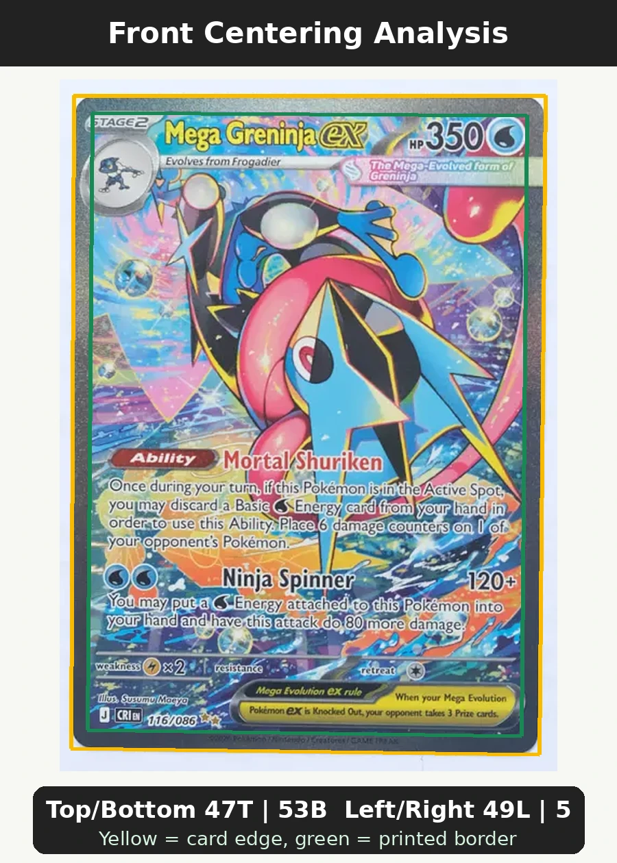 Mega Greninja ex 100/86 Chaos Rising front centering analysis showing Top/Bottom 47T | 53B and Left/Right 49L | 51R.