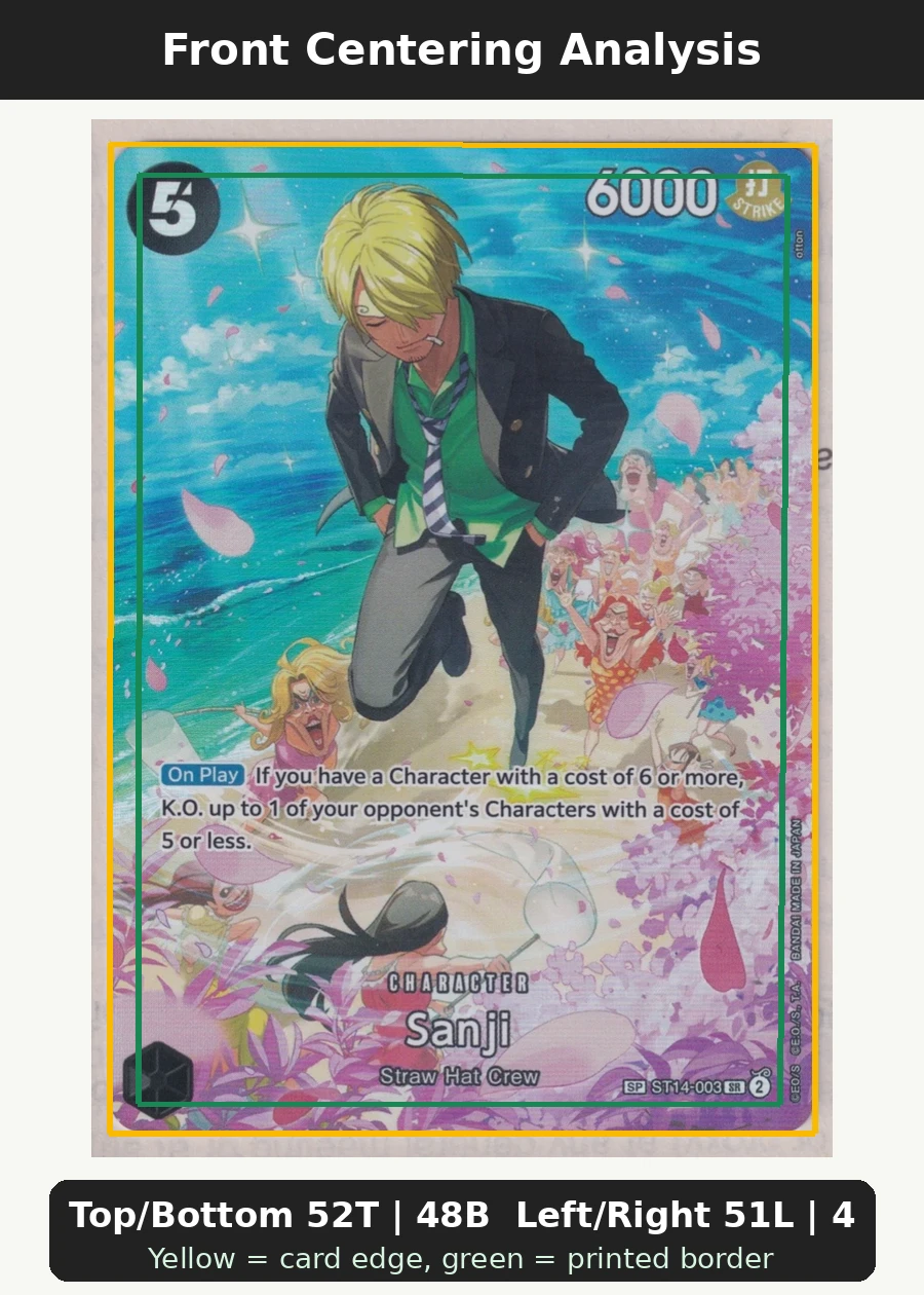Sanji (ST14-003) ST14-003 Royal Blood front centering analysis showing Top/Bottom 52T | 48B and Left/Right 51L | 49R.