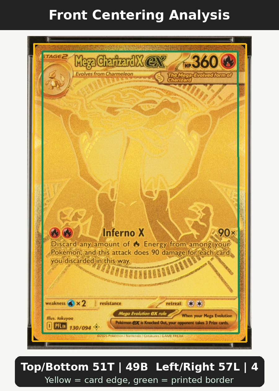 Mega Charizard X ex 130/94 Phantasmal Flames front centering analysis showing Top/Bottom 51T | 49B and Left/Right 57L | 43R.