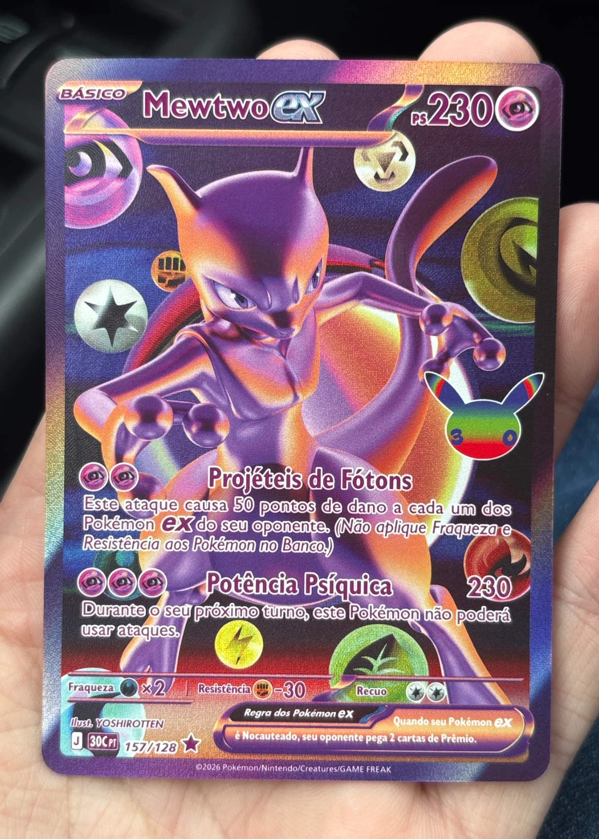 Mewtwo ex 157/128 30th Celebration front card photo in PokeToGrade pregrading report
