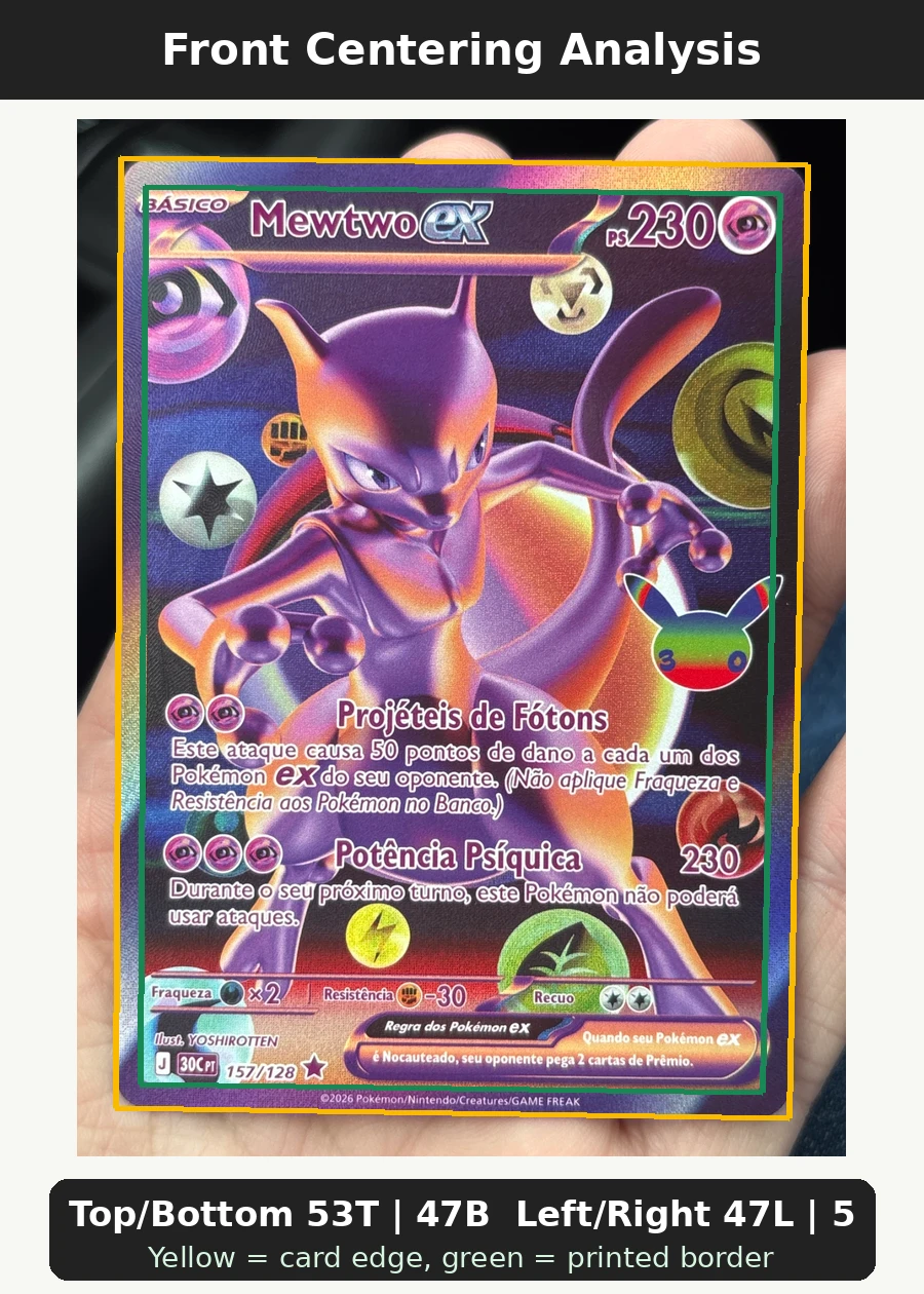 Mewtwo ex 157/128 30th Celebration front centering analysis showing Top/Bottom 53T | 47B and Left/Right 47L | 53R.