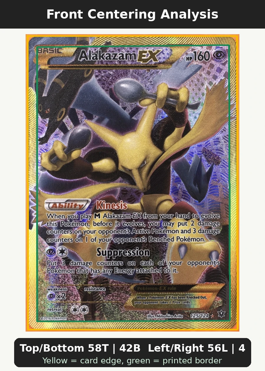 Alakazam EX 125/124 Fates Collide front centering analysis showing Top/Bottom 58T | 42B and Left/Right 56L | 44R.