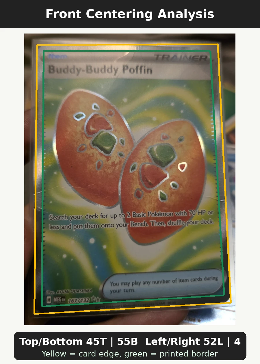 Buddy-Buddy Poffin 167/132 Mega Evolution front centering analysis showing Top/Bottom 45T | 55B and Left/Right 52L | 48R.