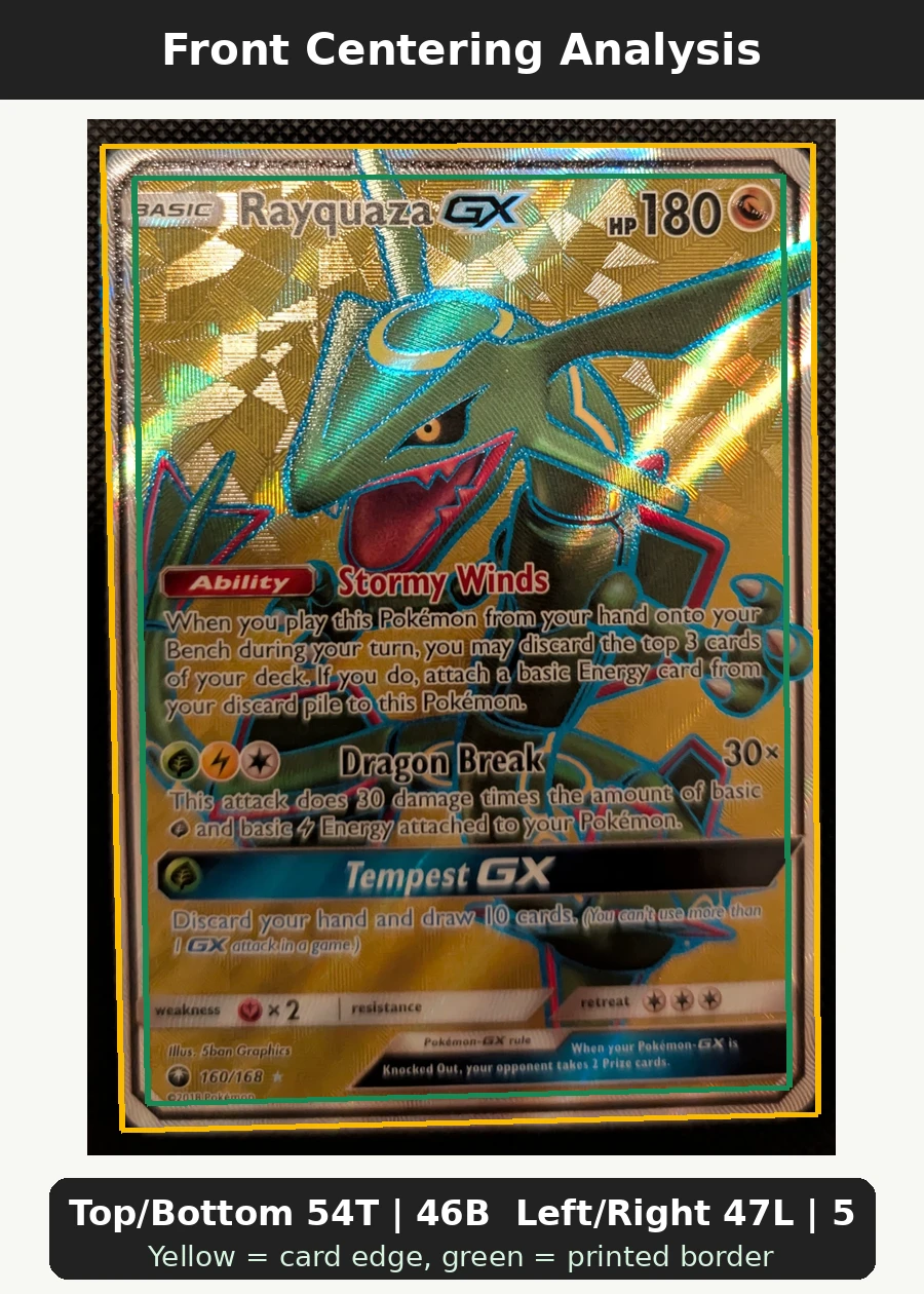 Rayquaza GX 160/168 Celestial Storm front centering analysis showing Top/Bottom 54T | 46B and Left/Right 47L | 53R.