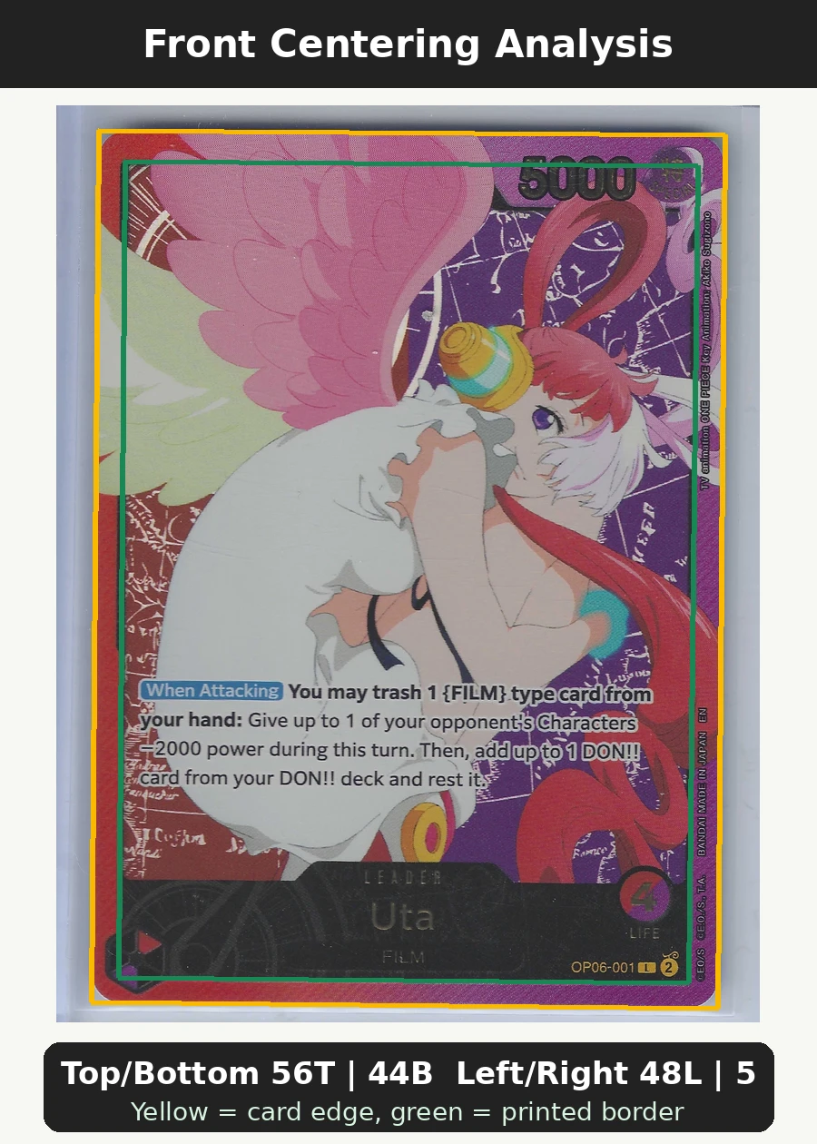 Uta OP06-001 Wings of the Captain front centering analysis showing Top/Bottom 56T | 44B and Left/Right 48L | 52R.