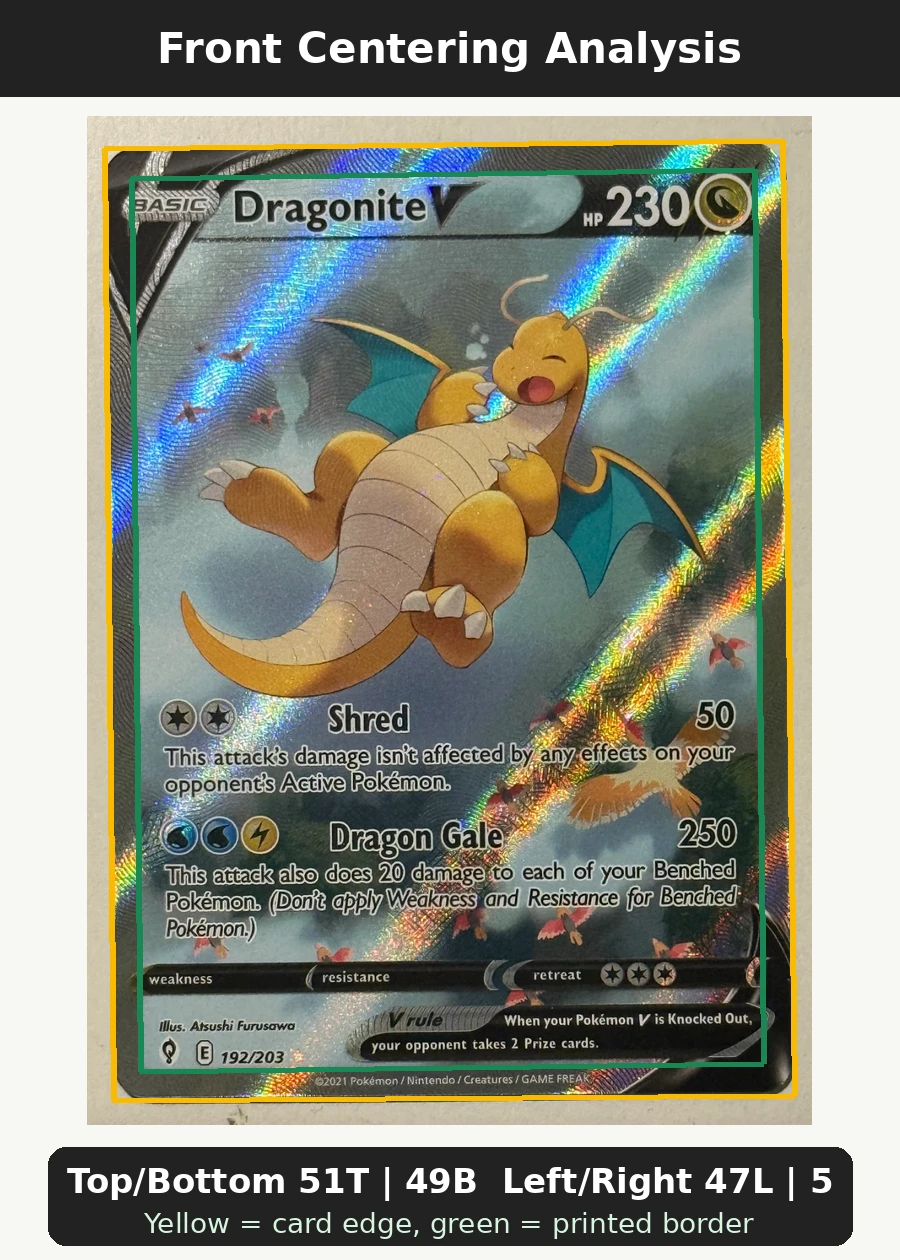 Dragonite V 192/203 Evolving Skies front centering analysis showing Top/Bottom 51T | 49B and Left/Right 47L | 53R.