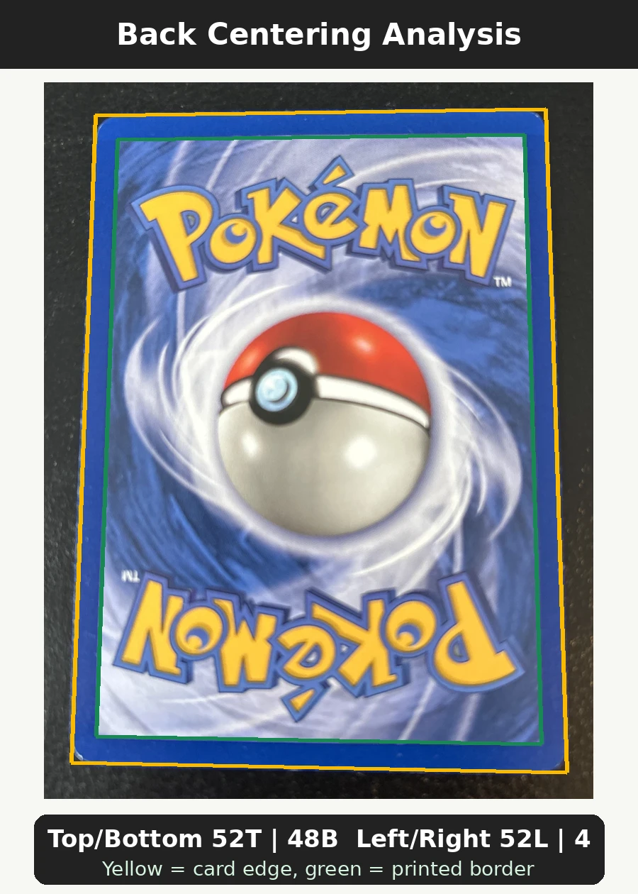 Charizard 004/25 Celebrations back centering analysis showing Top/Bottom 52T | 48B and Left/Right 52L | 48R.