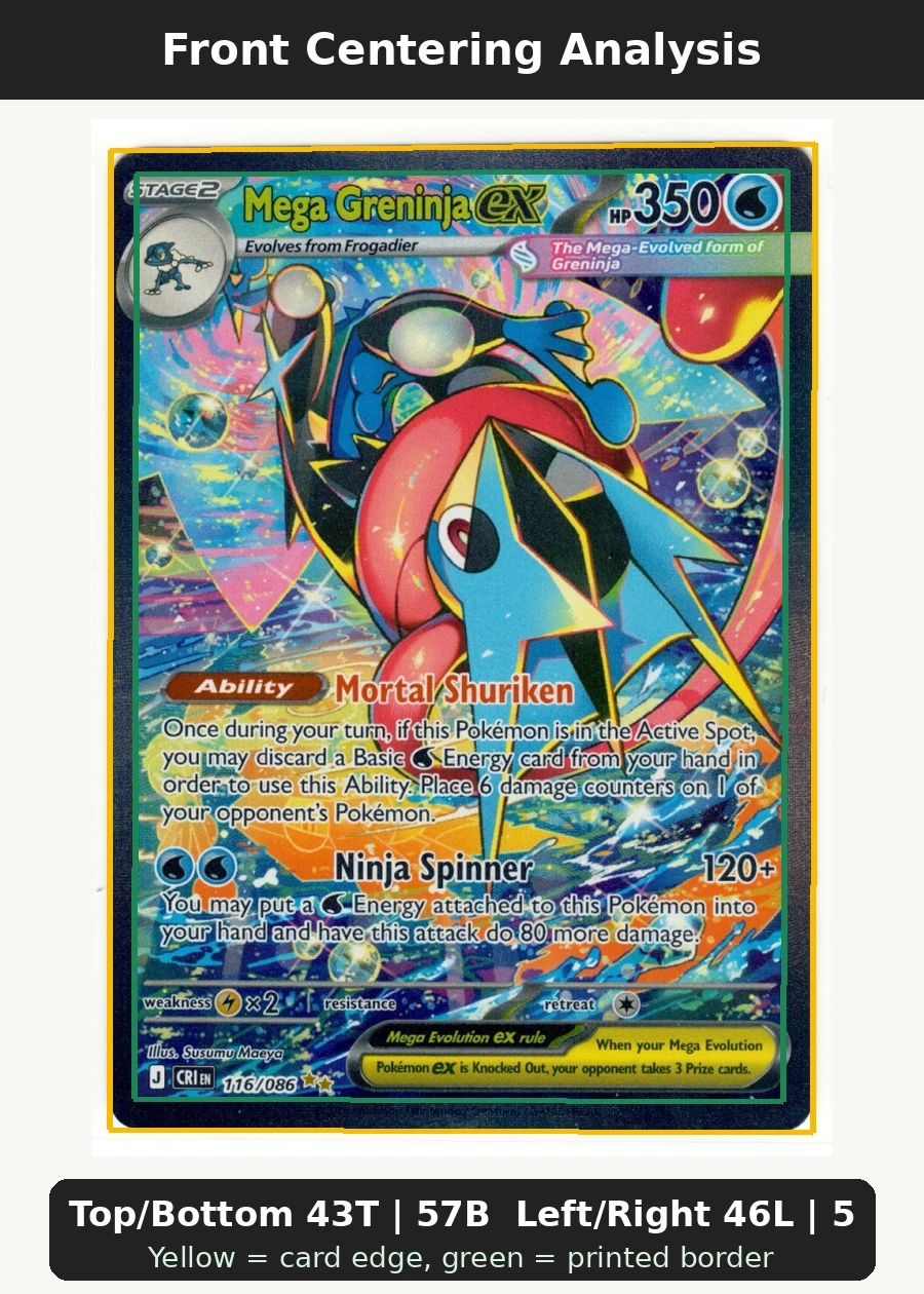 Mega Greninja ex 122/86 Chaos Rising front centering analysis showing Top/Bottom 43T | 57B and Left/Right 46L | 54R.