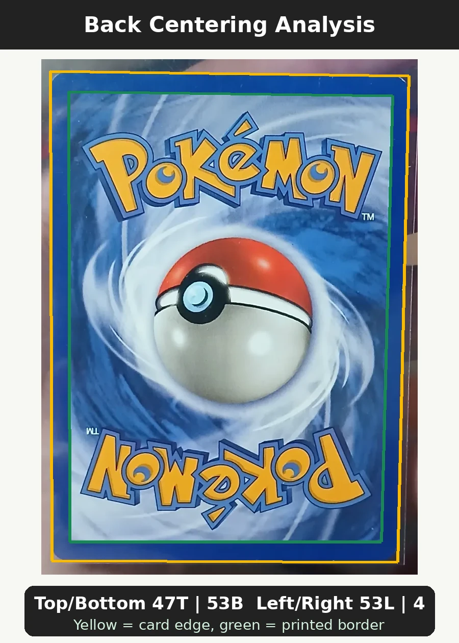 Charizard 004/102 Base Set back centering analysis showing Top/Bottom 47T | 53B and Left/Right 53L | 47R.