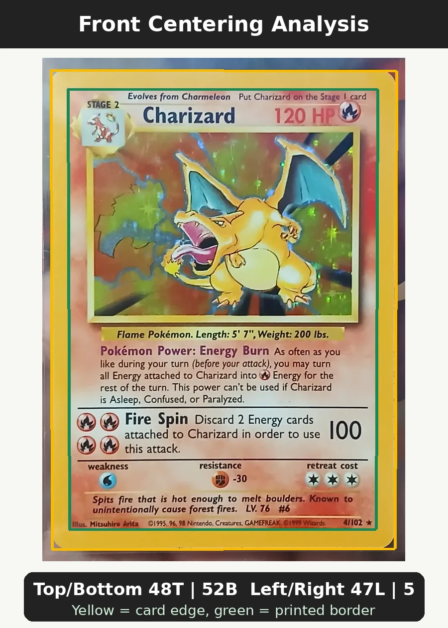 Charizard 004/102 Base Set front centering analysis showing Top/Bottom 48T | 52B and Left/Right 47L | 53R.