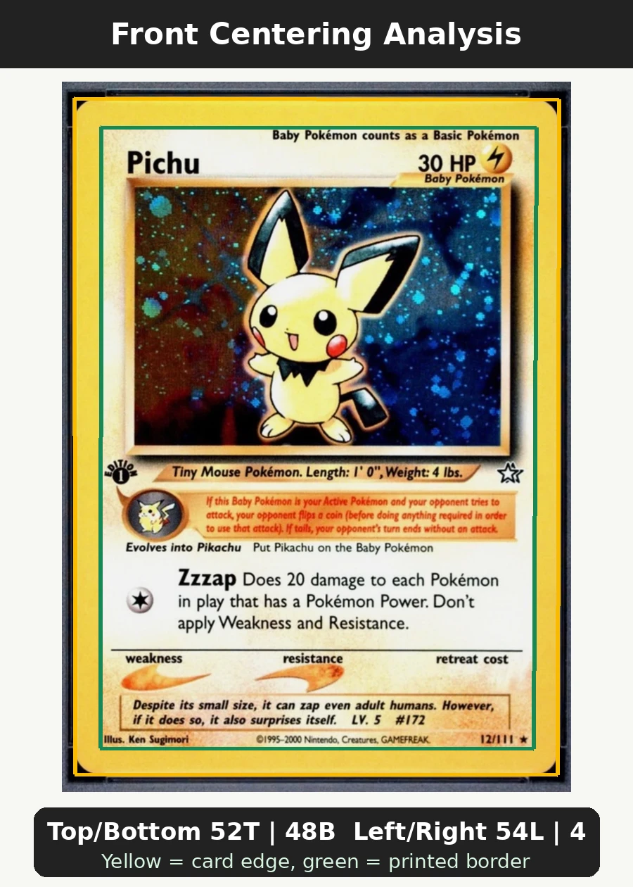 Pichu 012/111 Neo Genesis front centering analysis showing Top/Bottom 52T | 48B and Left/Right 54L | 46R.