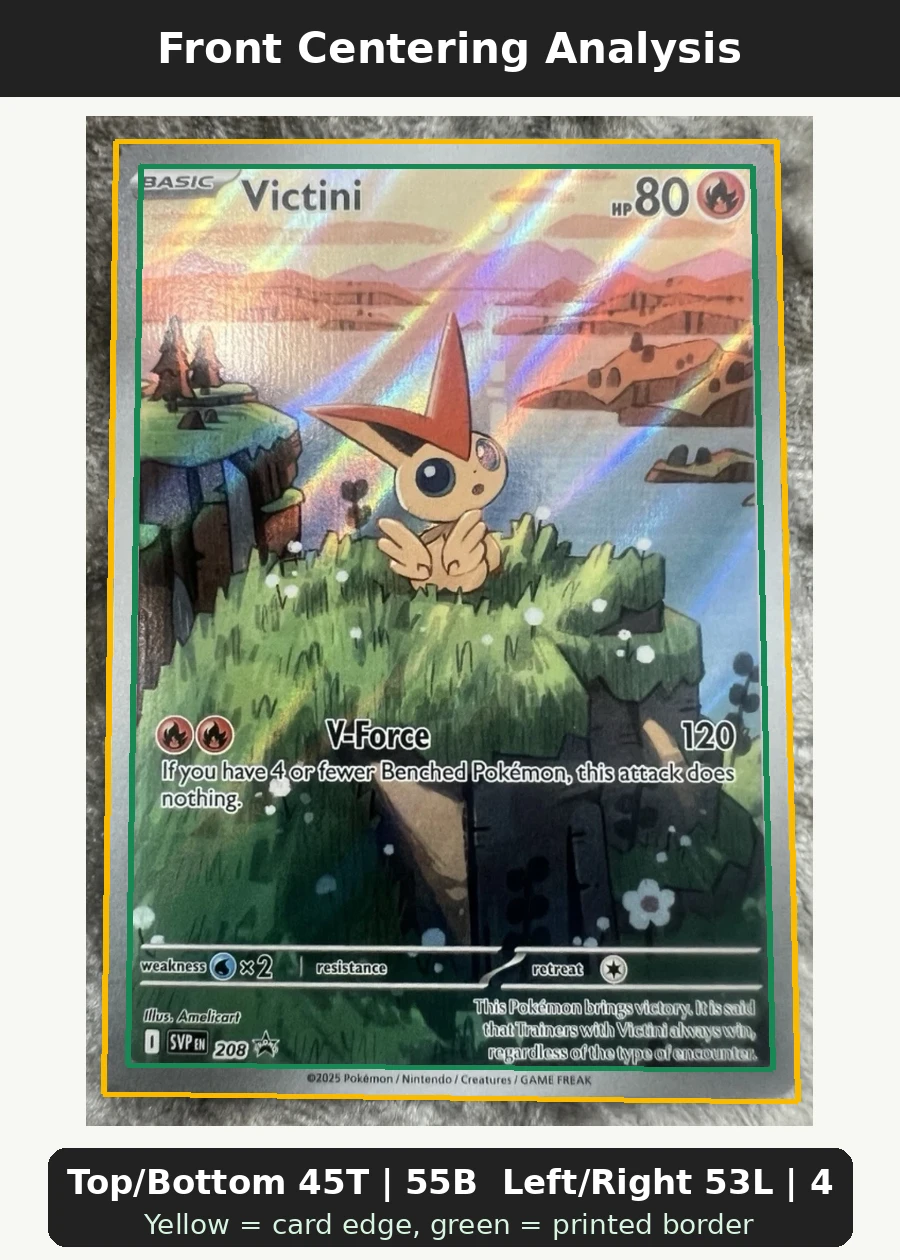 Victini 208/225 SVP Black Star Promos front centering analysis showing Top/Bottom 45T | 55B and Left/Right 53L | 47R.