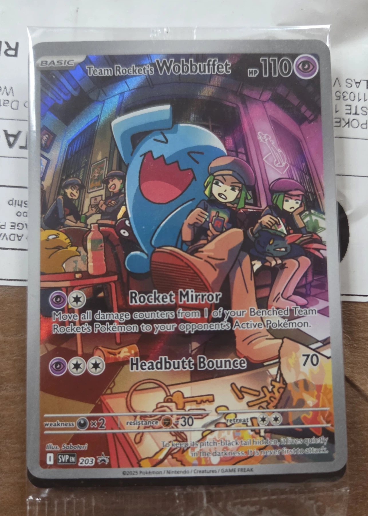 Team Rocket's Wobbuffet 203/225 SVP Black Star Promos front card photo in PokeToGrade pregrading report