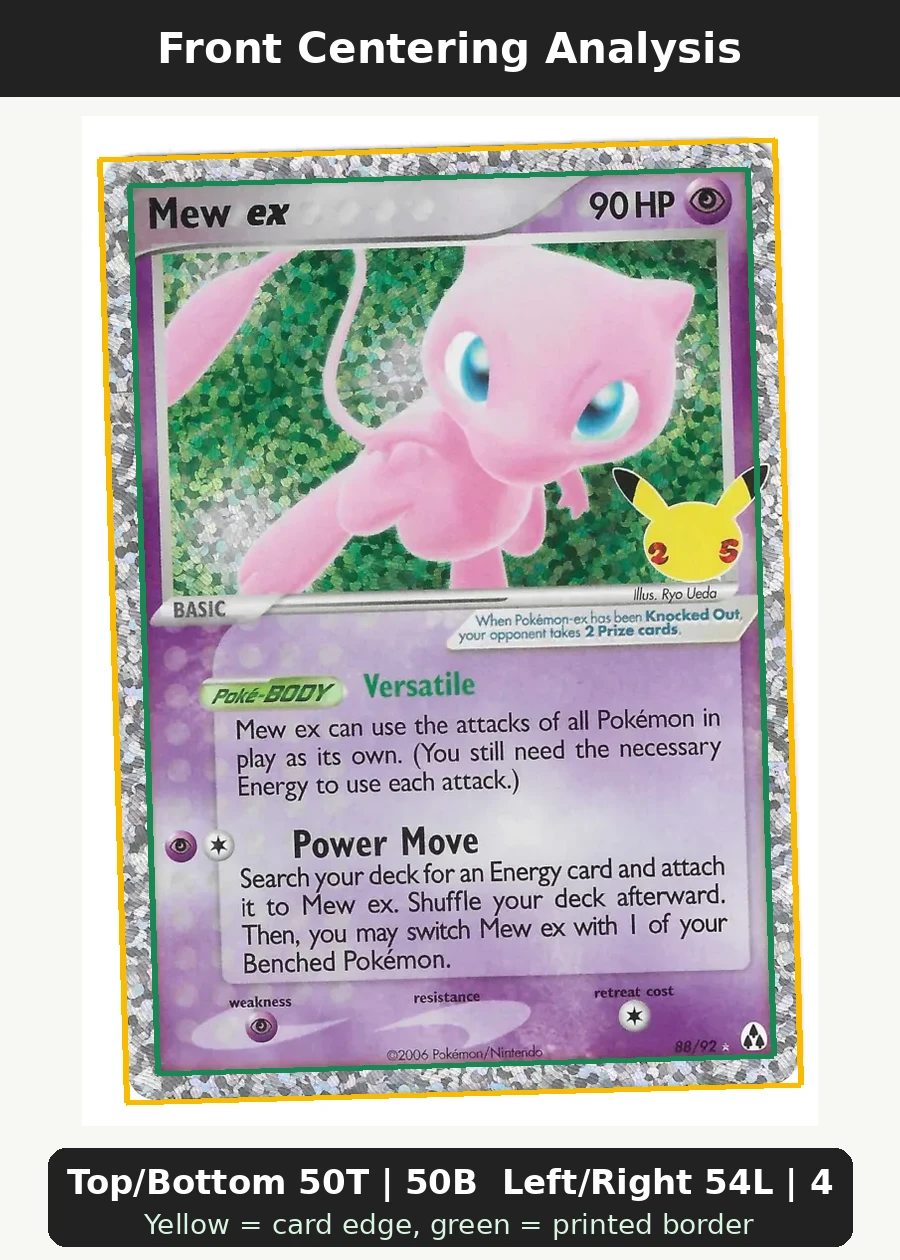 Mew ex 088/92 Celebrations front centering analysis showing Top/Bottom 50T | 50B and Left/Right 54L | 46R.