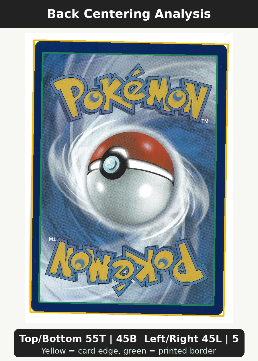 Mewtwo V SWSH229/307 SWSH Black Star Promos back centering analysis showing Top/Bottom 55T | 45B and Left/Right 45L | 55R.