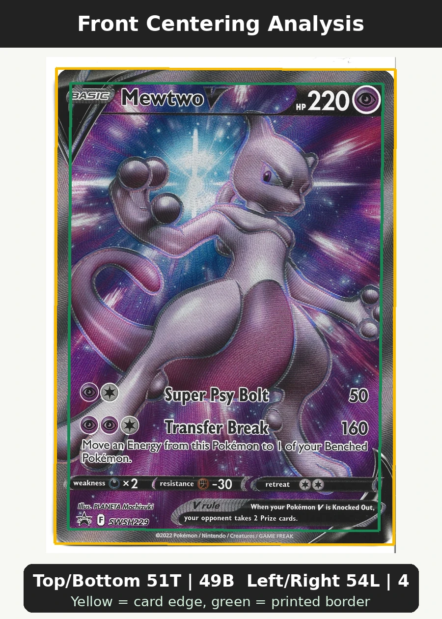 Mewtwo V SWSH229/307 SWSH Black Star Promos front centering analysis showing Top/Bottom 51T | 49B and Left/Right 54L | 46R.
