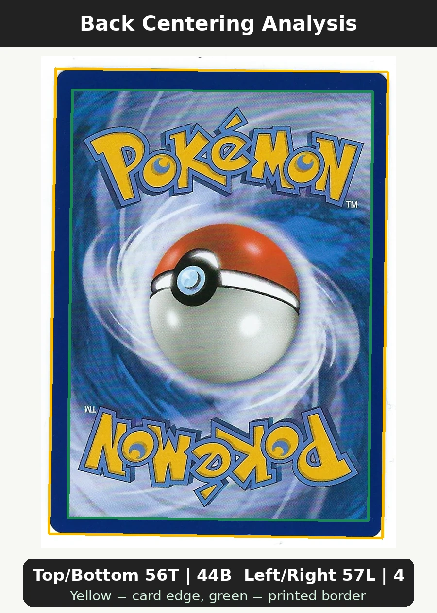 Eevee & Snorlax GX SM169/248 SM Black Star Promos back centering analysis showing Top/Bottom 56T | 44B and Left/Right 57L | 43R.