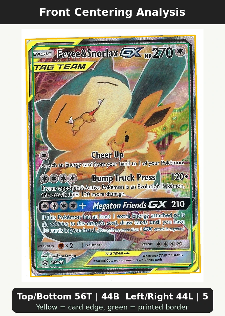 Eevee & Snorlax GX SM169/248 SM Black Star Promos front centering analysis showing Top/Bottom 56T | 44B and Left/Right 44L | 56R.